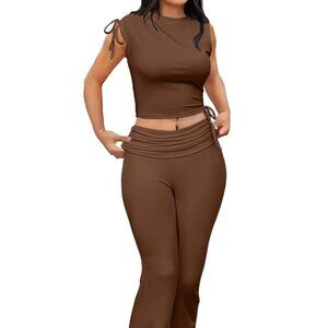 Y2K Sexy Two Piece Foldover Wide Leg Pants With Cropped Tops Matching Sets